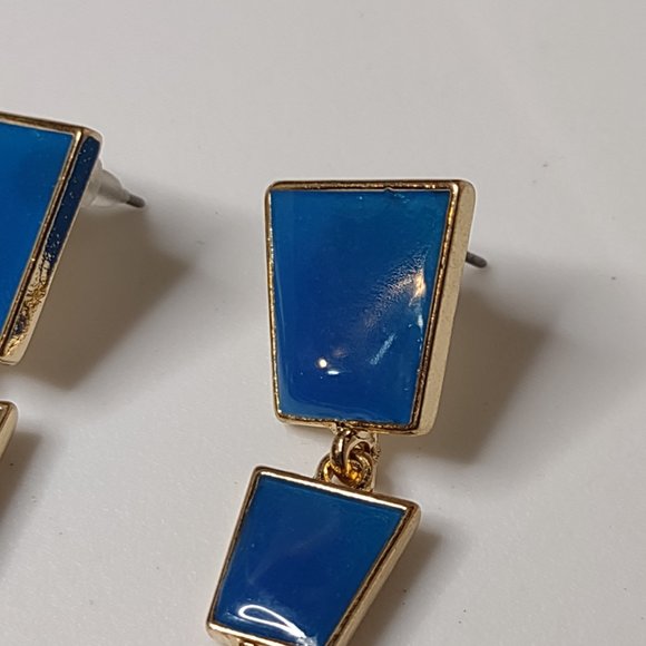 Blue And Gold Tone Metal Long Dangling Triangle Earrings - Picture 5 of 11